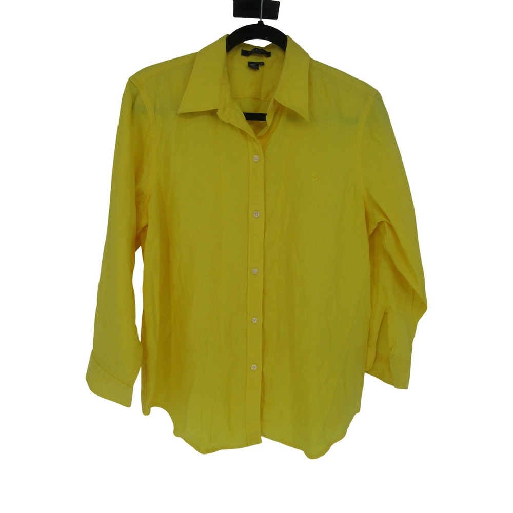 Chaps Button Down Shirt Womens Large Yellow 100% Linen Long Sleeve Classic